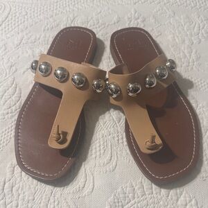 Marc Fisher Tan Sandals with Silver Studs.  Marc Fisher flat leather embellished